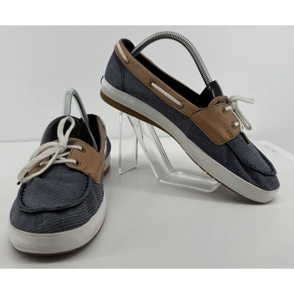 Keds Coastal Preppy Boat Shoes Navy Stripe Tan Trim Lace Up Comfort Size 8 Foam